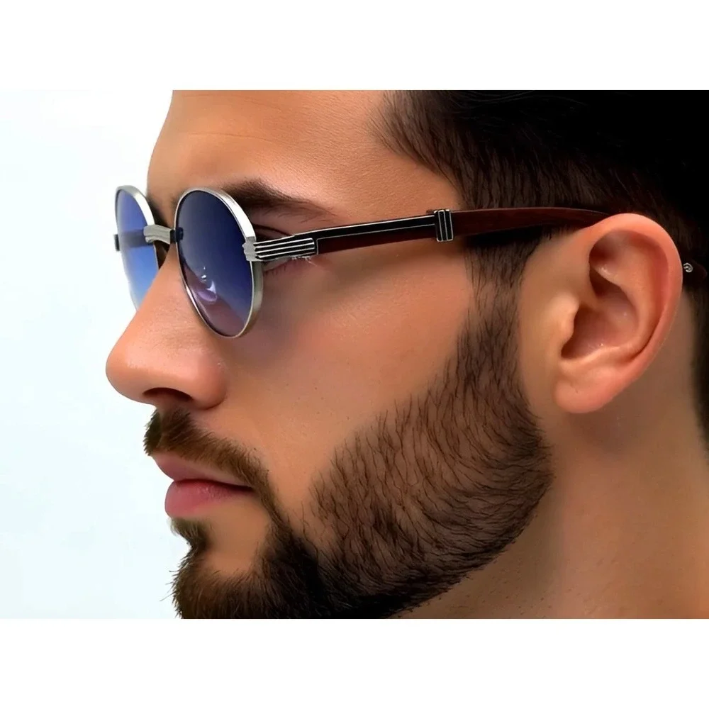 Round Blue Lens Sunglasses‎ Mens Wood Temple Metal Frame Fashion Eyewear LENTES